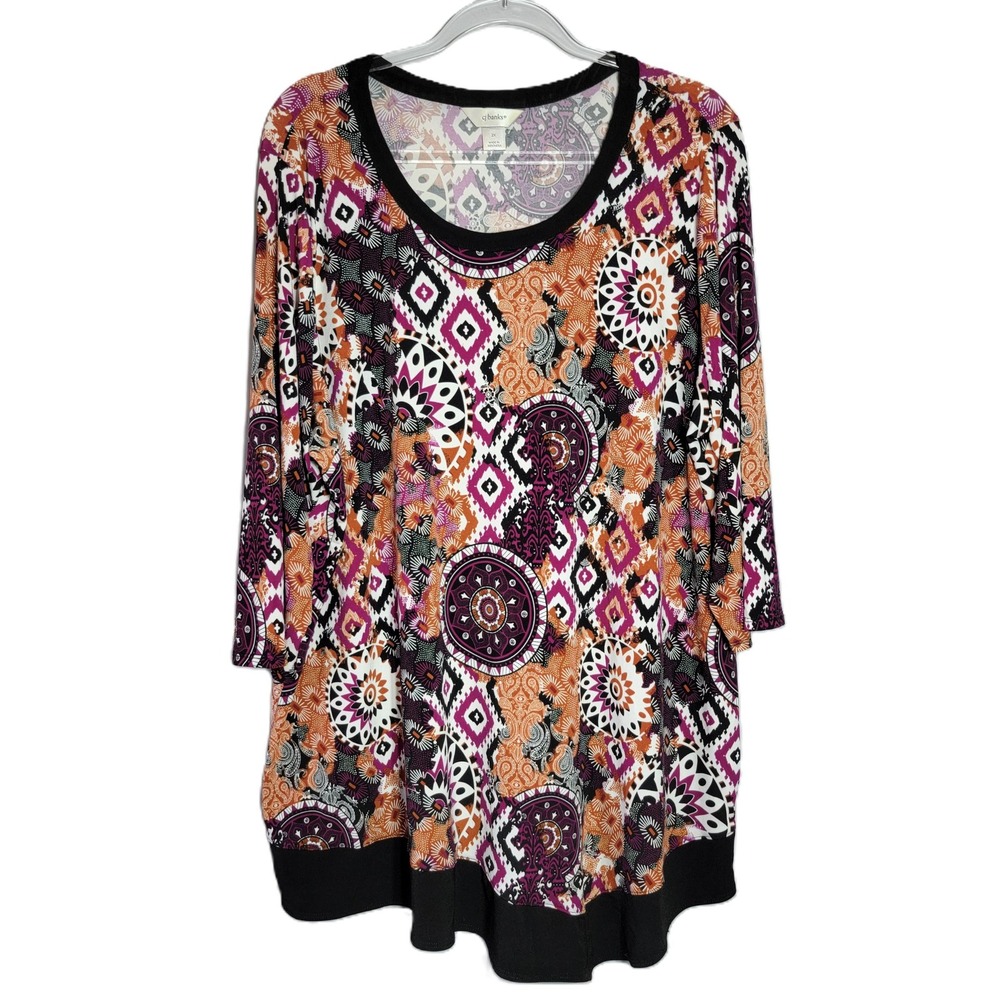 CJ Banks Womens Plus Size 2X Orange Purple Medallion Print Tunic Top 3/4 Sleeve